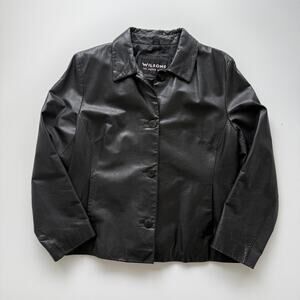 Wilsons Leather Jacket Womens Large Black Button Front Collared Lined Short